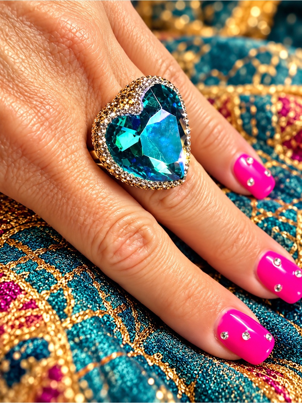 Gold Heart Cocktail Ring with Teal Blue Rhinestone